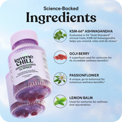 Lemme Chill Ashwagandha gummies with ingredients listed on a light blue background