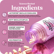 Probiotic supplement bottle with ingredients listed on a pink background