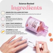 Product packaging with ingredients listed and a hand using a nail tool.