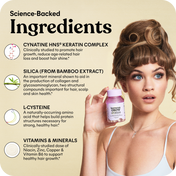 Woman holding a bottle of hair product with science-backed ingredients listed on a beige background