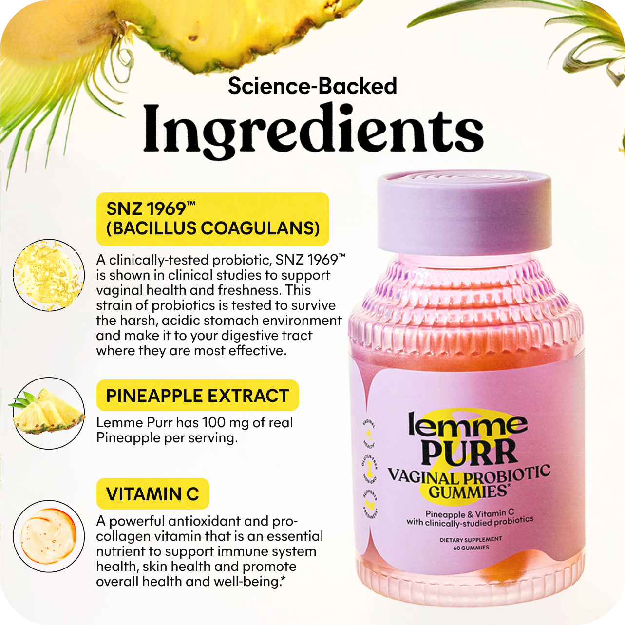 Lemme Purr vaginal probiotic gummies with pineapple extract and vitamin C, science-backed ingredients highlighted.