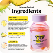 Lemme Purr vaginal probiotic gummies with pineapple extract and vitamin C, science-backed ingredients highlighted.