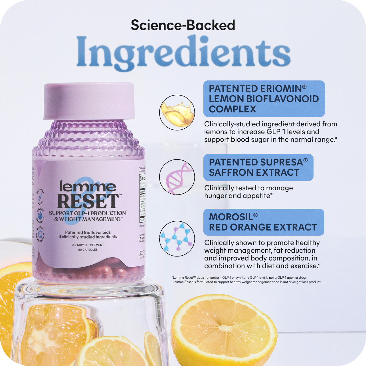 Lemme Reset supplement bottle with lemon slices on a light blue background
