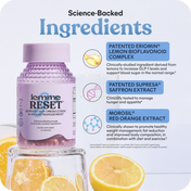 Lemme Reset supplement bottle with lemon slices on a light blue background