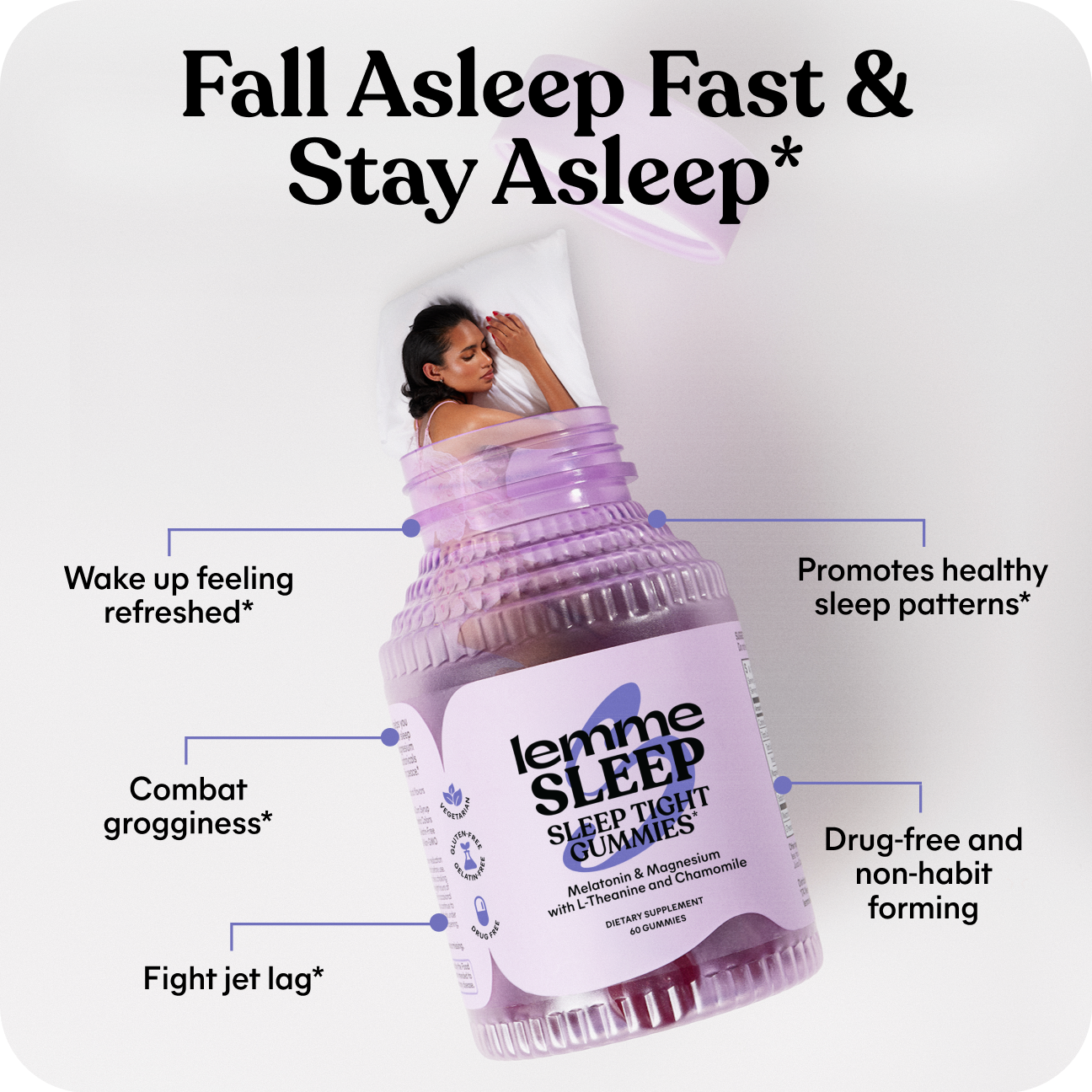 Bottle of 'lemme SLEEP' sleep gummies with text highlighting benefits on a light background