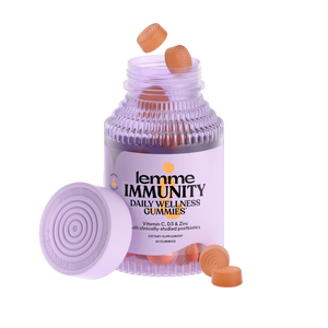bottle of lemme Immunity Daily Wellness Gummies with gummies on a white background