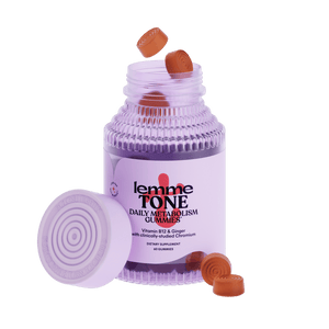 Lemme Tone daily metabolism gummies packaging with gummies on a green background