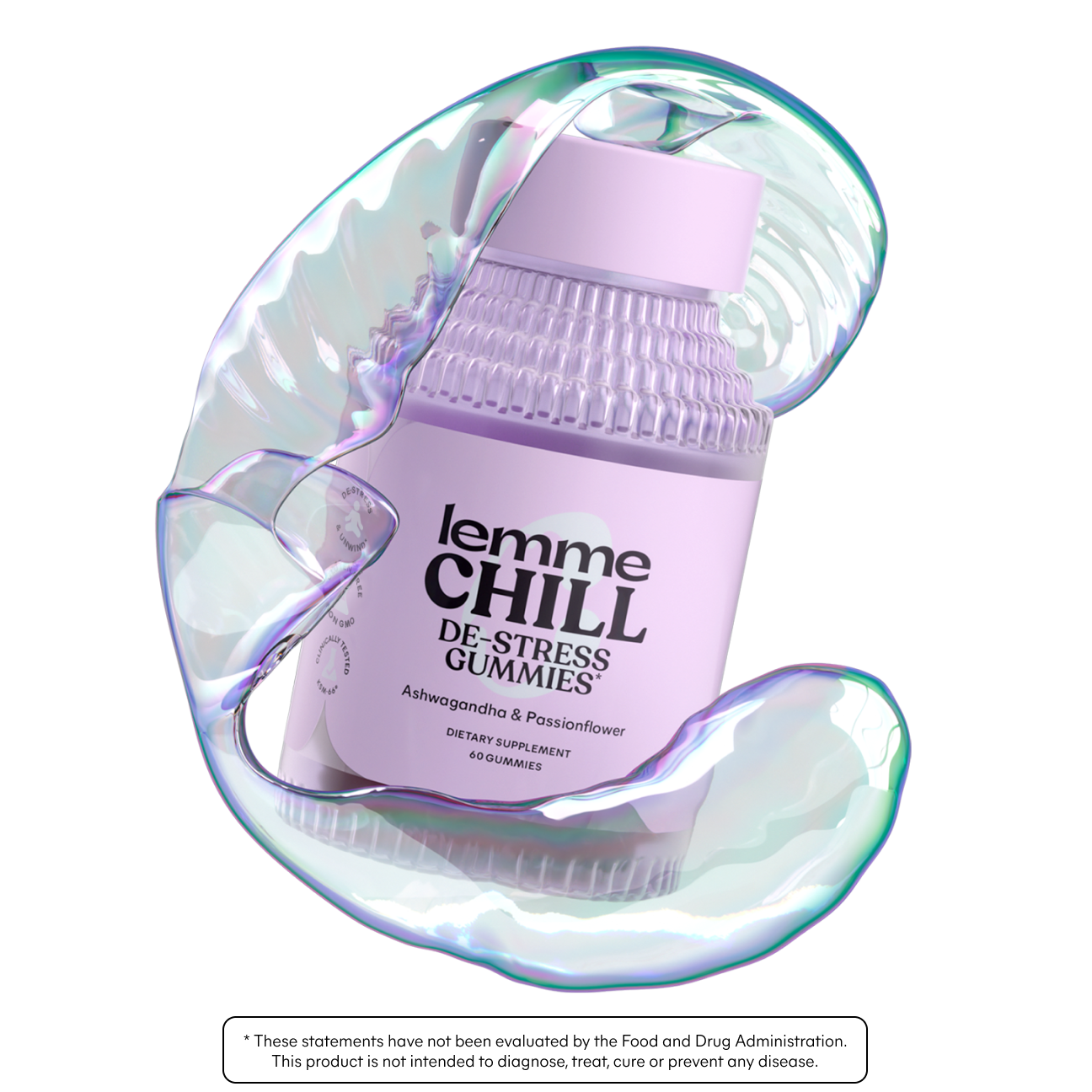 Container of 'lemme CHILL' gummies with a colorful, iridescent lid on a white background.