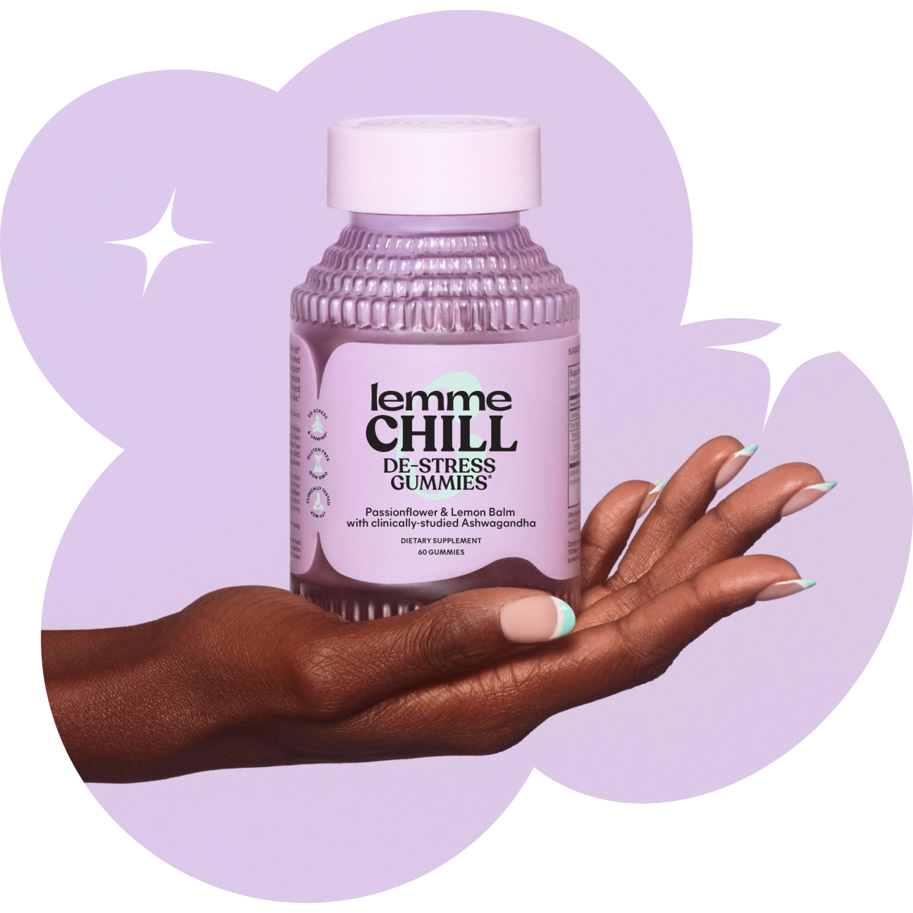 Lemme Chill de-stress gummies bottle held by a hand with a purple background
