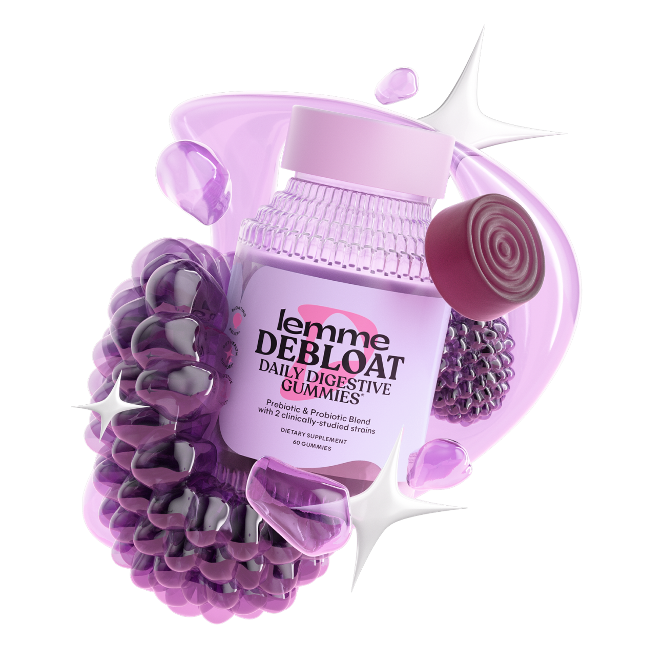 Lemme Debloat gummies packaging with a purple hair tie on a white background