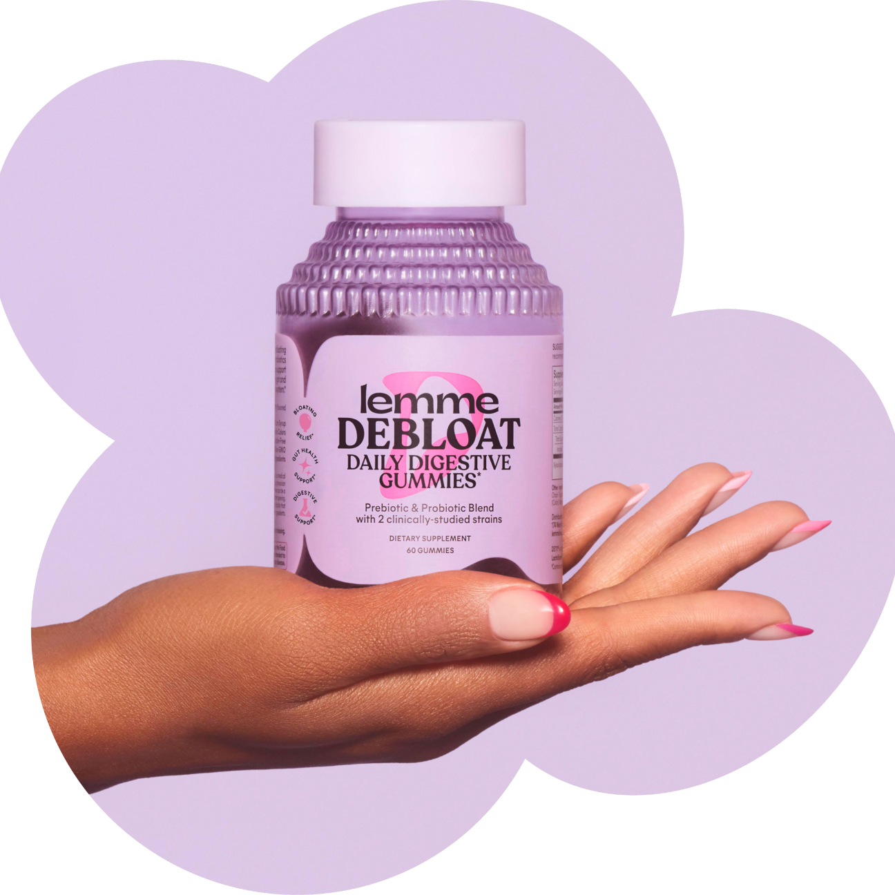 Hand holding a bottle of 'Lemme Debloat Daily Digestive Gummies' against a purple heart-shaped background