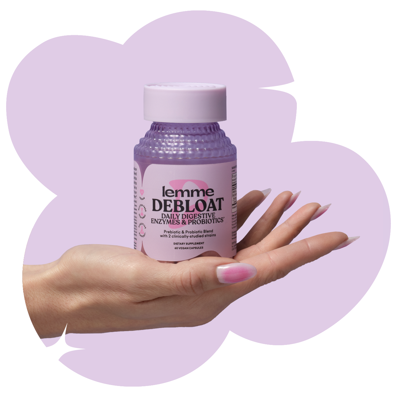 debloat lemme bottle in a hand with a light purple shaped background and a star 