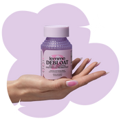 debloat lemme bottle in a hand with a light purple shaped background and a star 