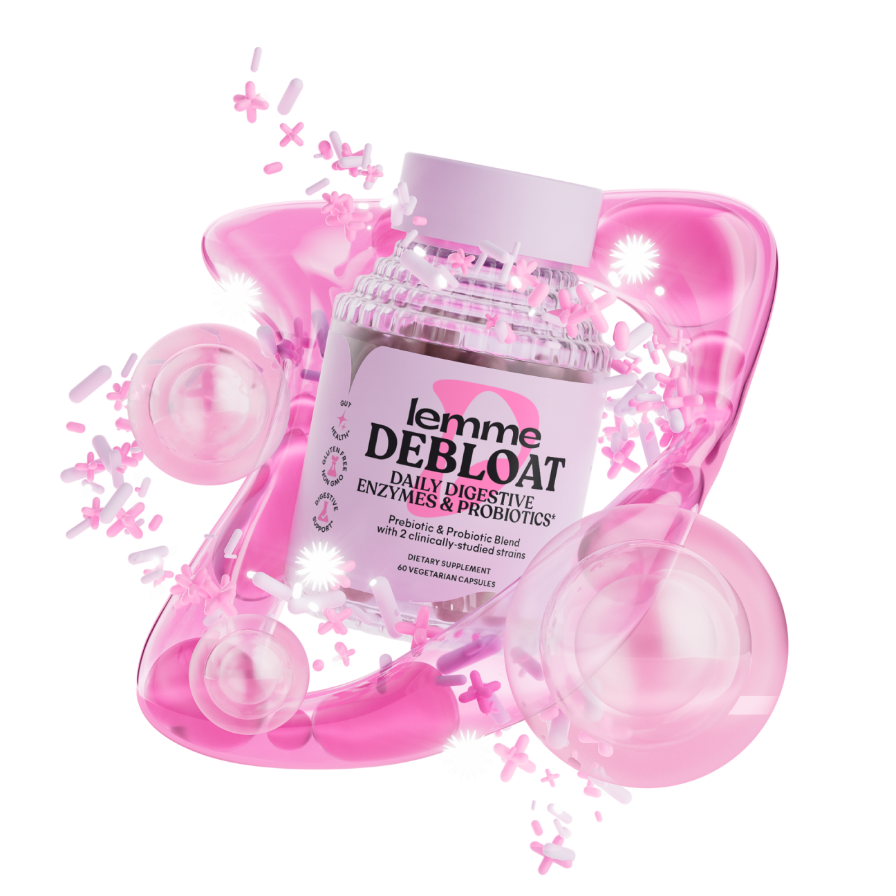 Lemme Debloat supplement bottle with pink decorative elements on a white background