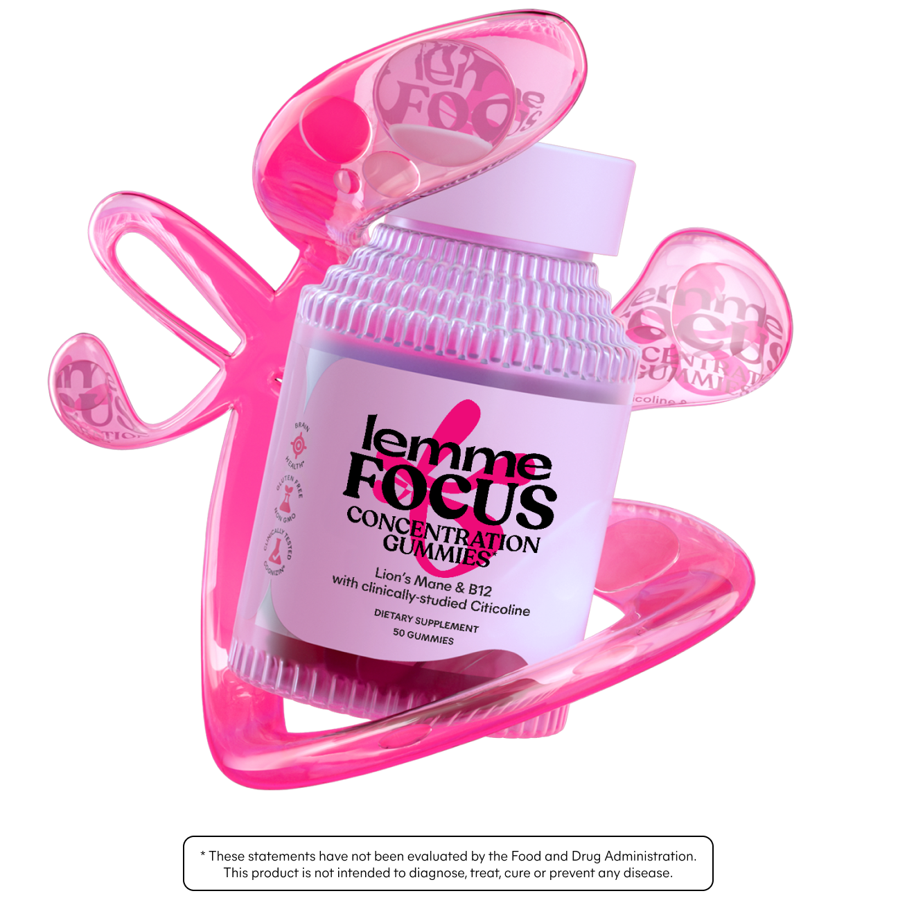 Lemme Focus Concentration Gummies packaging with pink butterfly-shaped holder on a white background