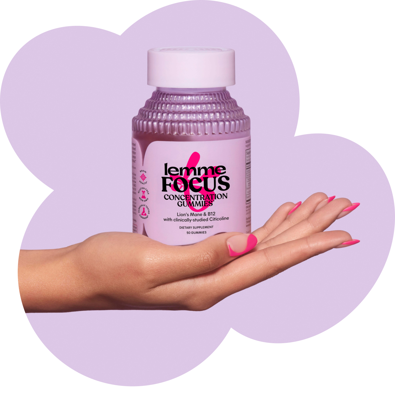 Hand holding a bottle of 'Lemme Focus' gummies against a purple background