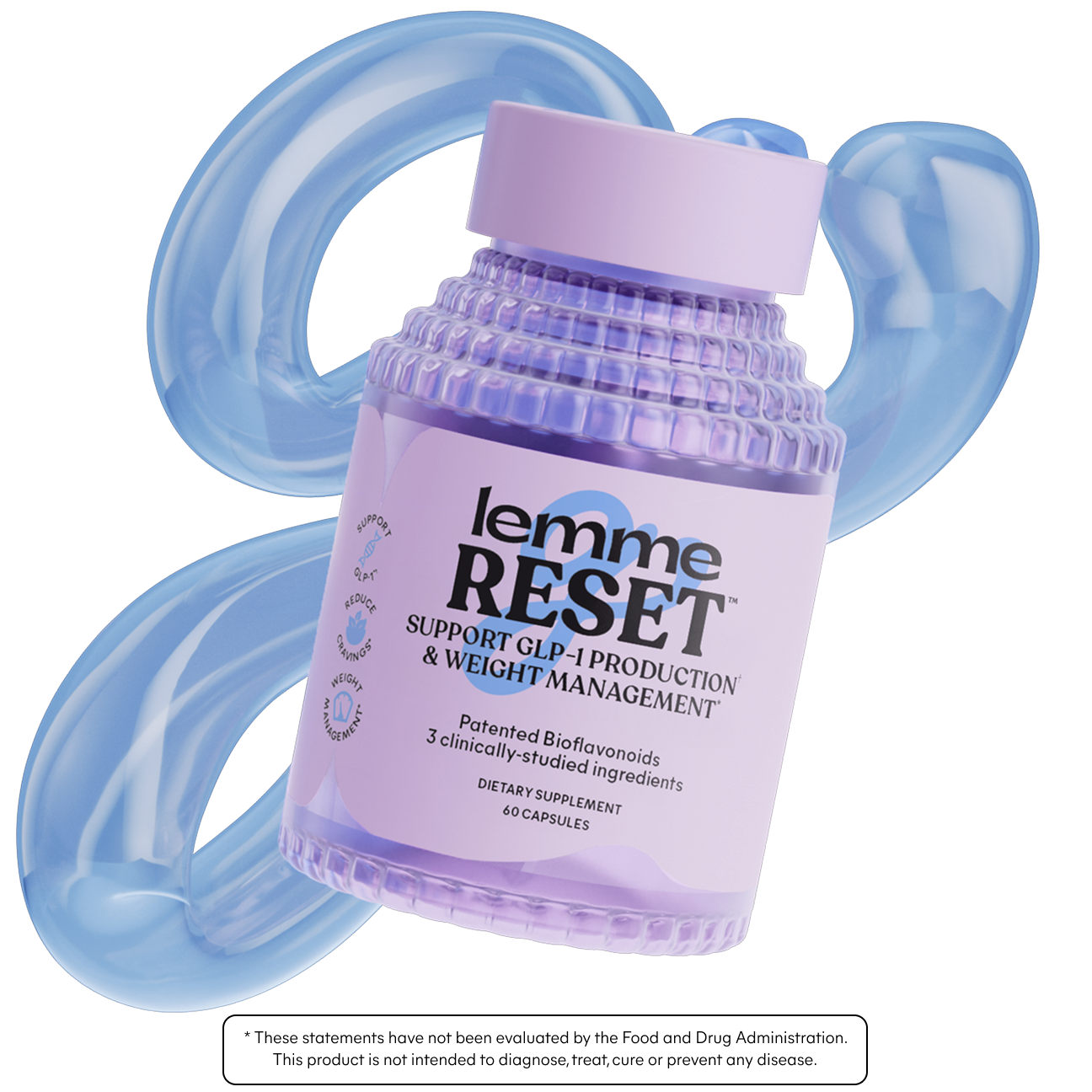 Supplement bottle labeled 'lemme RESET' with blue handles on a white background
