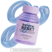 Supplement bottle labeled 'lemme RESET' with blue handles on a white background