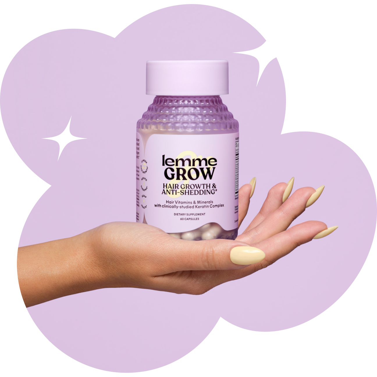 lemme grow bottle in the hand with a purple shape background 