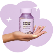 lemme grow bottle in the hand with a purple shape background 