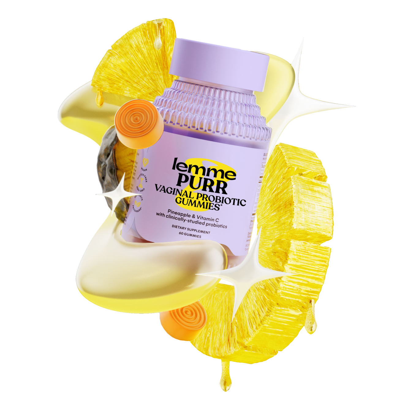 Vaginal probiotic gummies packaging with yellow floral elements on a white background