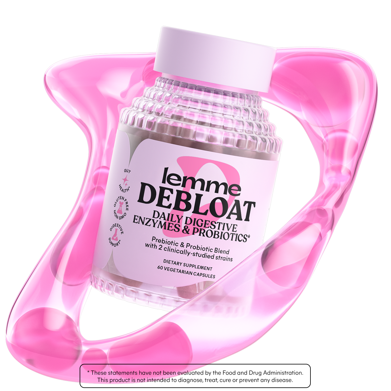 Supplement bottle labeled 'lemme DEBLOAT' in a pink holder on a white background