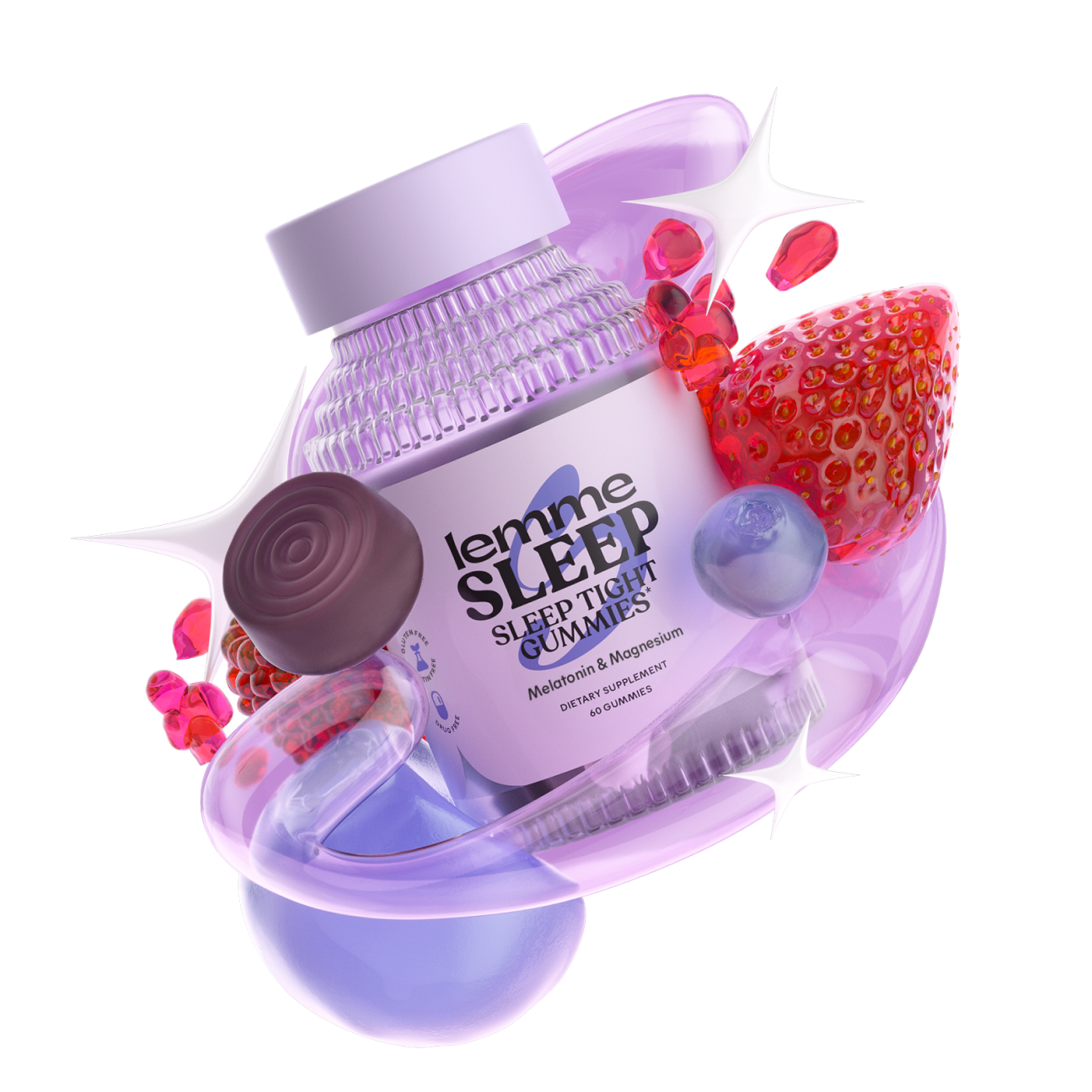 Jar of 'Lemme Sleep' gummies with strawberries and other fruits on a white background