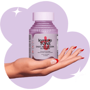 lemme tone bottle in a hand with light purple background and stars 