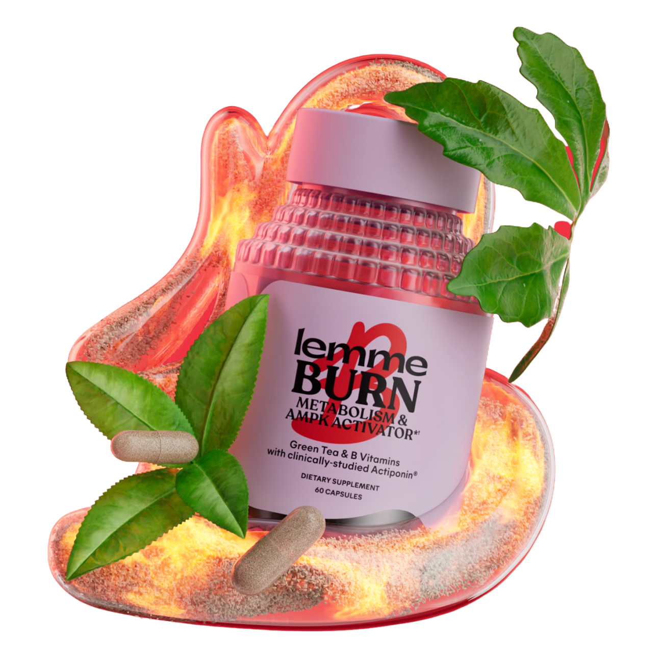lemme burn bottle of capsules with ingredients in the background