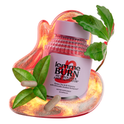 Supplement bottle labeled 'lemme BURN' with green leaves and capsules on a white background