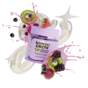 Jar of 'Lemme Grow' hair growth soft chews with fruit graphics on a white background