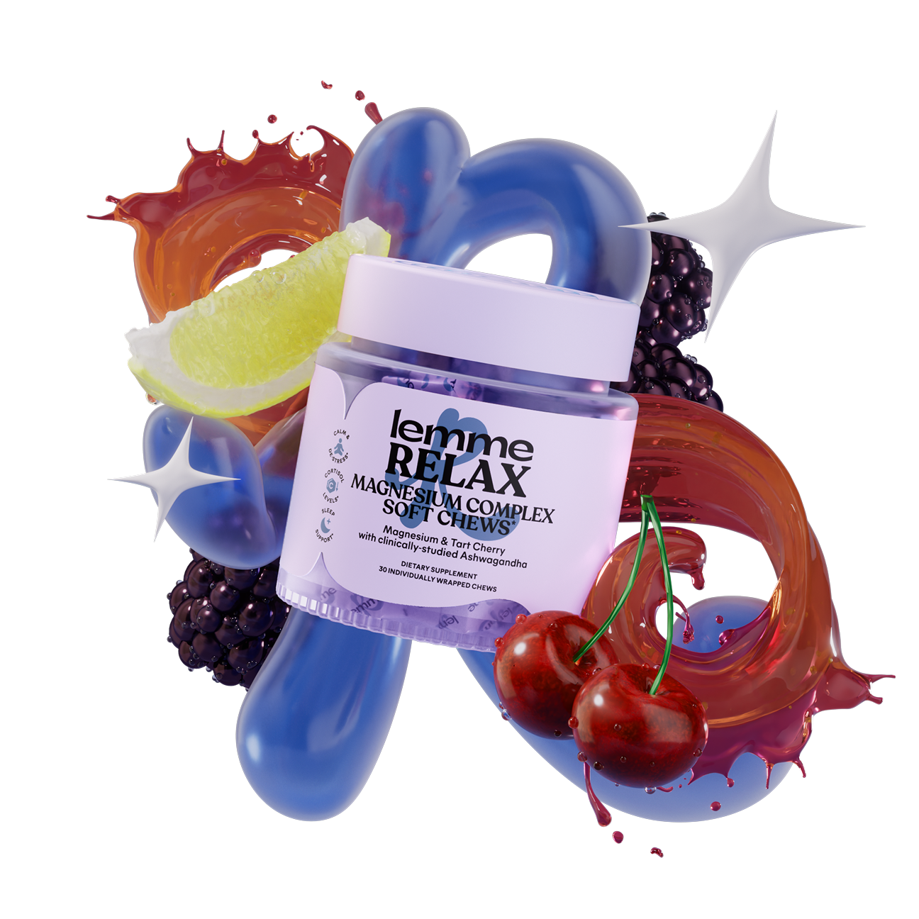 Jar of 'lemme RELAX' magnesium complex soft chews surrounded by fruit elements on a white background