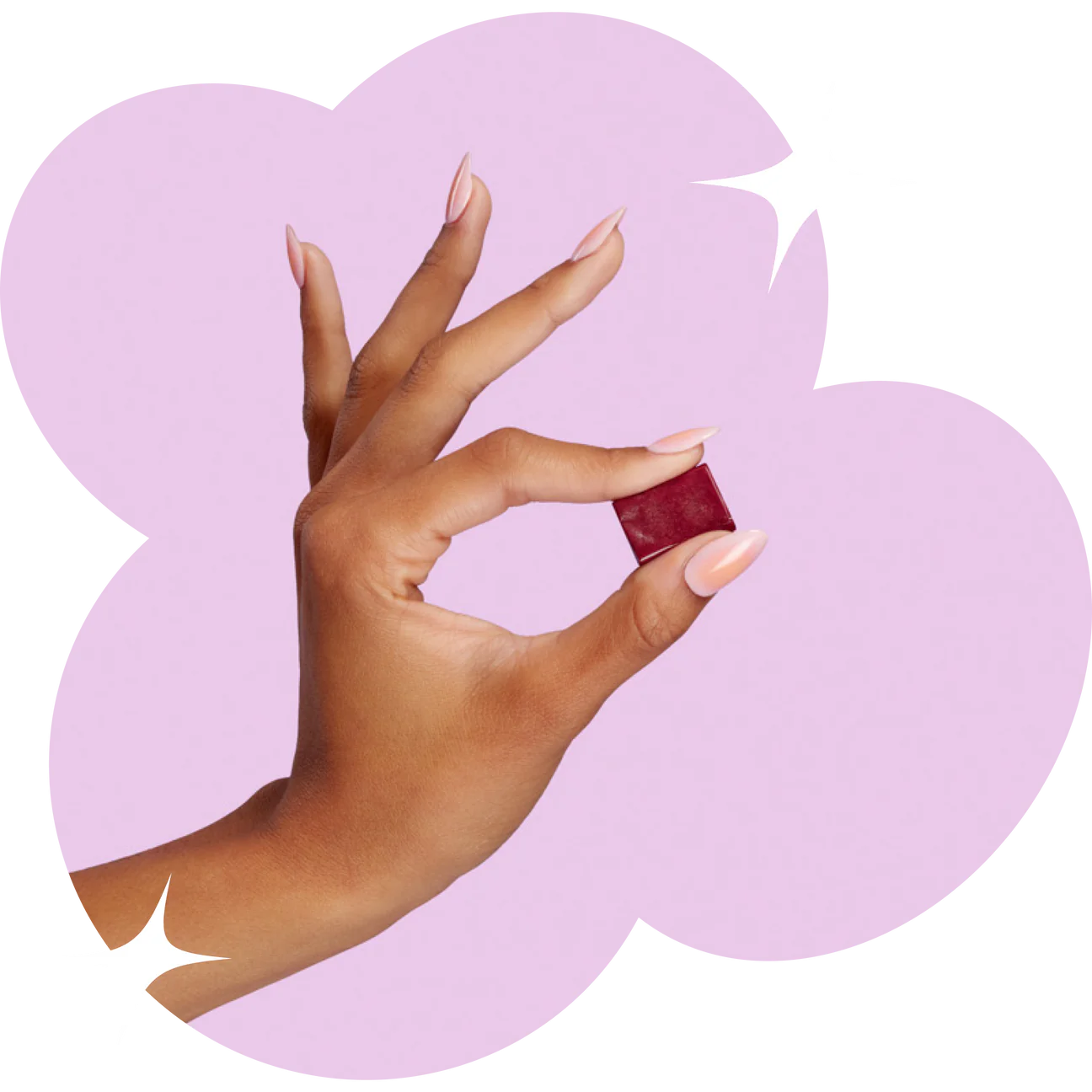 lemme chew held with a hand on purple shaped background and stars 