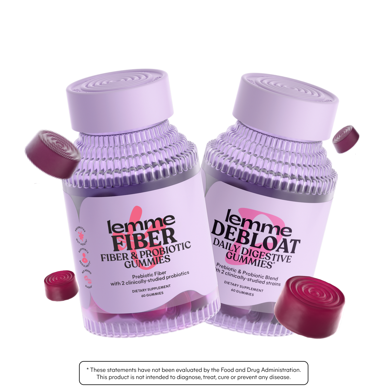 Two bottles of lemme Fiber and Probiotic Gummies and Daily Debloat Gummies on a white background.