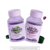 Two bottles of lemme Greens and lemme Deboat daily supplement gummies on a white background.