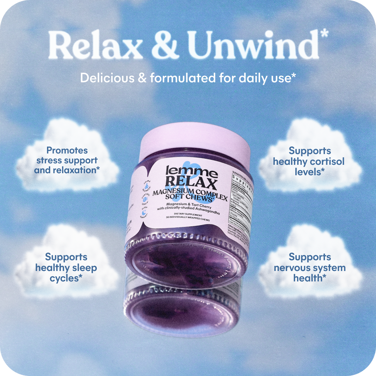 Jar of 'femme RELAX' supplement with cloud and sky background