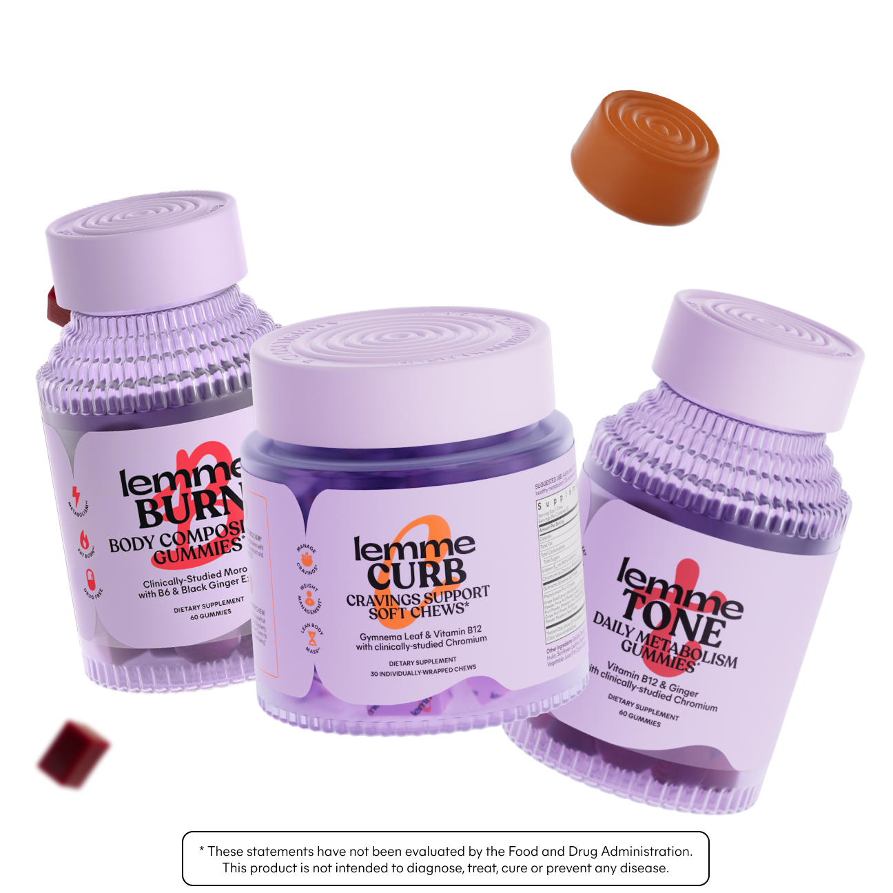 Three purple supplement containers labeled 'lemme Burn', 'lemme Curb', and 'lemme Tone' on a white background.