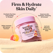 A jar of Lemme Skin Firm & Hydrating Gummy Rings shown on a soft peach background with marketing text around it. The product is a translucent pink-lilac jar with a white label and a pink lid, placed on a sandy surface with a gummy ring beside it.