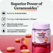 Lemme Skin Firm & Hydrating Gummy Rings supplement bottle with several gummy rings displayed on a pink reflective surface, alongside marketing text about clinical studies and skin improvement.