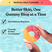 A promotional graphic for gummy rings showing a hand holding a two-tone gummy ring with red and orange sections against a light blue water background. Text reads 'TROPICAL FRUIT FLAVORED' and 'Better Skin, One Gummy Ring at a Time' with claim bullet points about daily gummy rings and clinically studied ceramides.