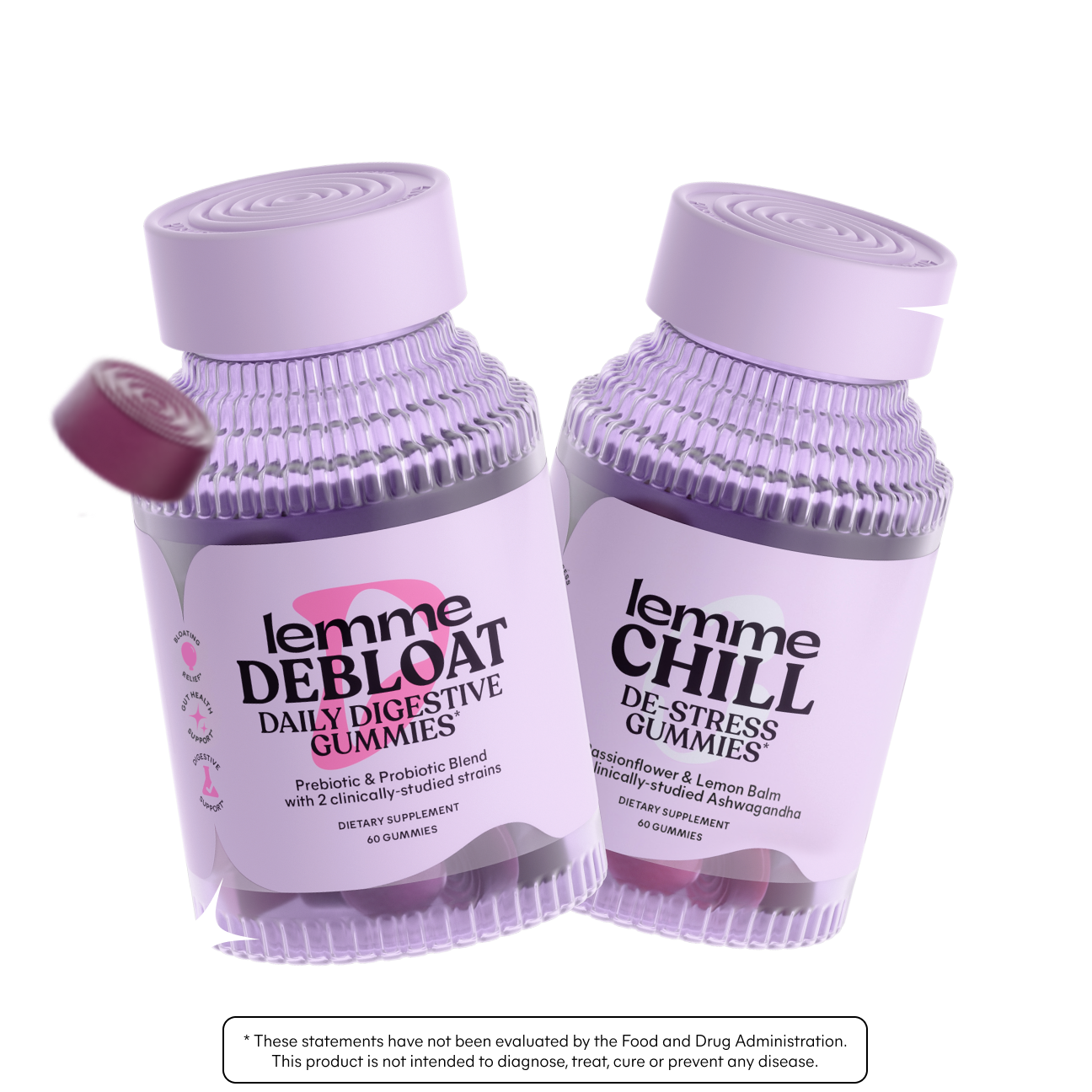 Two bottles of 'lemme' gummies labeled 'DeBloate' and 'Chill' on a white background.