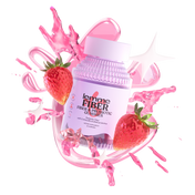 Fiber supplement bottle with strawberries and pink liquid splashes on a white background
