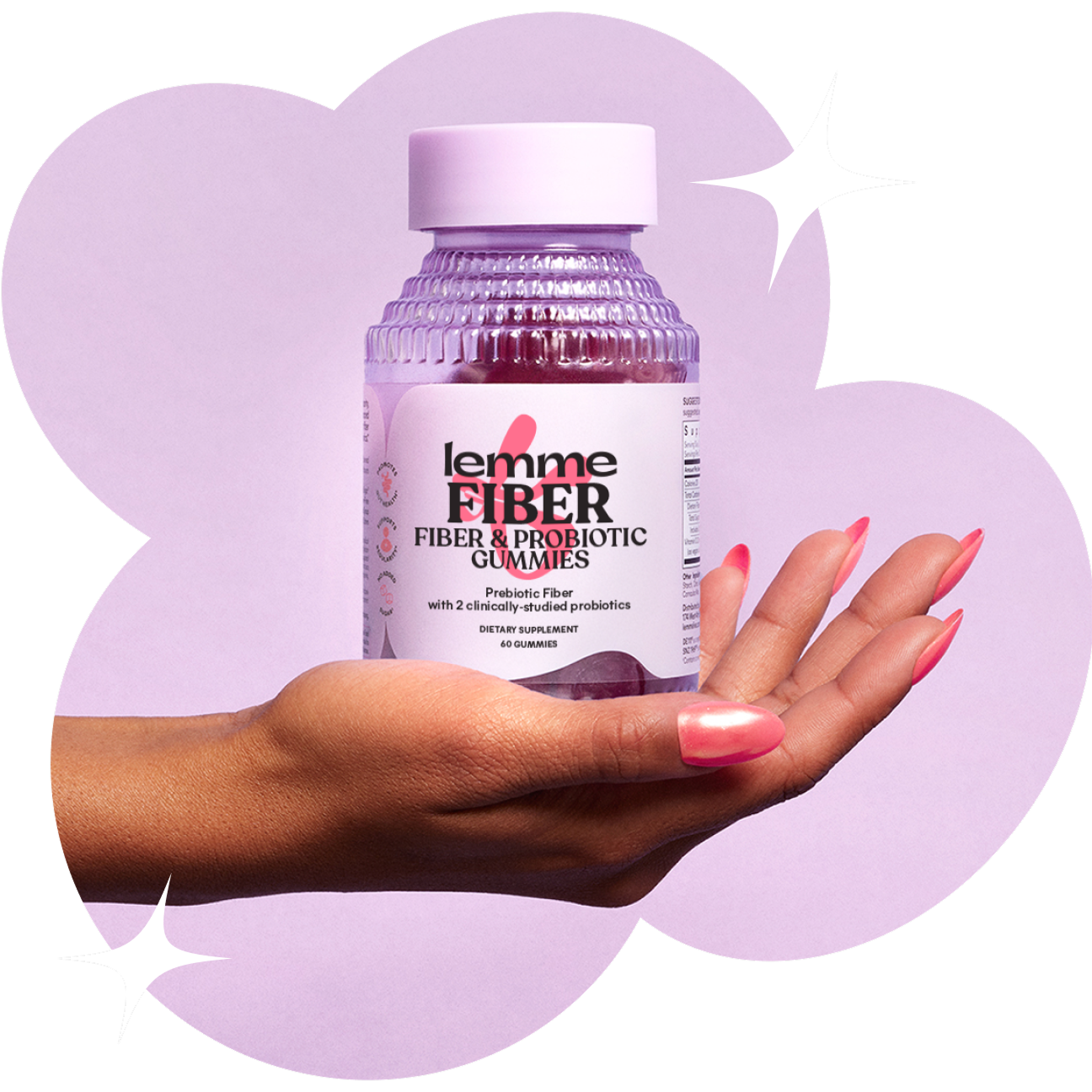 Hand holding a bottle of lemme Fiber & Probiotic Gummies against a light purple background