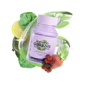 Lemme Greens daily superfood gummies packaging with fruits and vegetables on a white background