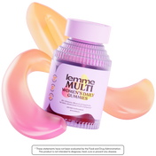 Bottle of lemme MULTI Women's Daily Gummies with colorful abstract shapes on a white background