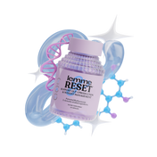 Lemme Reset supplement bottle with molecular structures on a white background