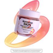 A jar of Lemme Skin Firm & Hydrating Gummy Rings shown on a white background with a translucent peach and yellow ring graphic behind it. The jar has a white lid and a white label with black and orange text.