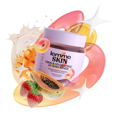 A jar of Lemme Skin Firm & Hydrating Gummy Rings centered on a white background, surrounded by colorful graphic elements including strawberries, papaya, mango pieces, and abstract pink and yellow shapes.